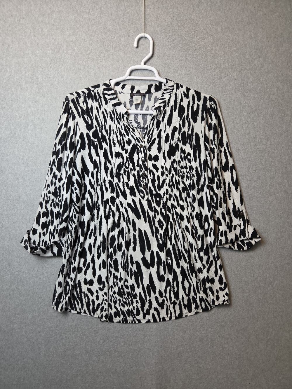 Cocomo Black White Leopard Print 3/4 Sleeve V Neck Blouse Womens Plus 2X Stretch